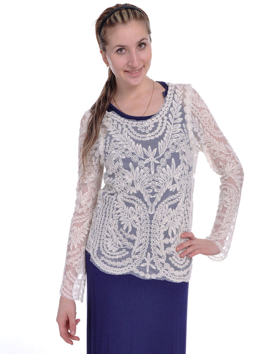 Beige Floral Leaves and Vines Embroidered Pattern Tunic Blouse