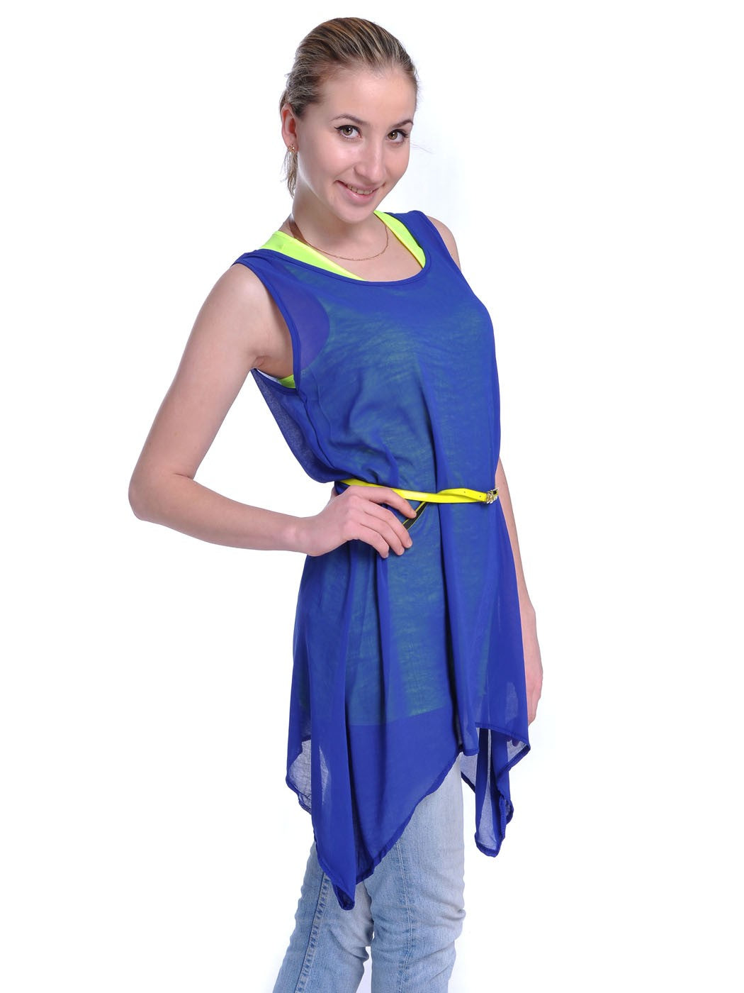 Blue Uneven Hem with Bright Neon Yellow Belted Waist Tank
