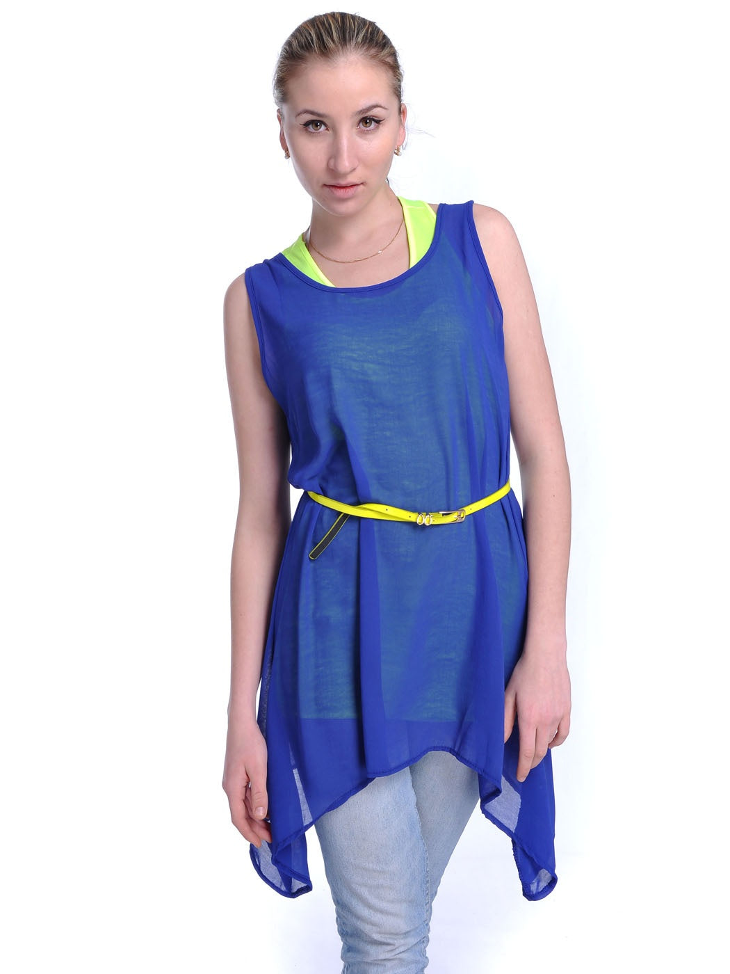 Blue Uneven Hem with Bright Neon Yellow Belted Waist Tank