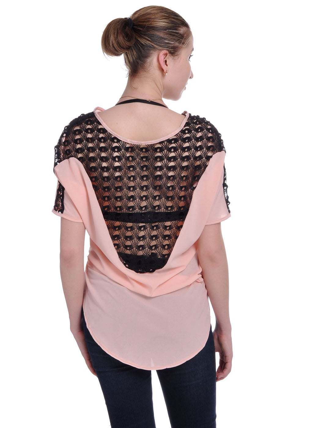 Black and Pink Drawstring Tie Waist Crochet Blouse