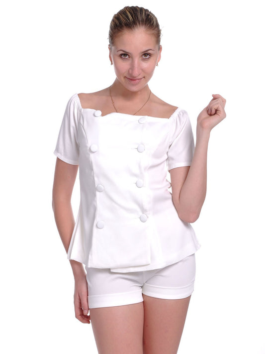 White Double Breasted Cap Sleeve Top and Matching Shorts Set