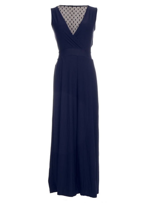 S/M Fit Blue Sheer Heart Panel Drape Back Wrap Front Bodice Dress