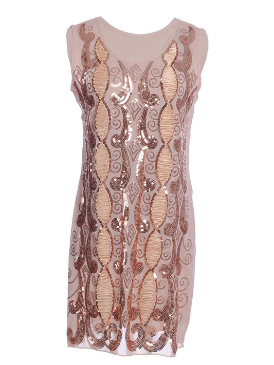Anna-Kaci Sequin Flapper Embroidered Sleeveless Swirl Ribbon Dress