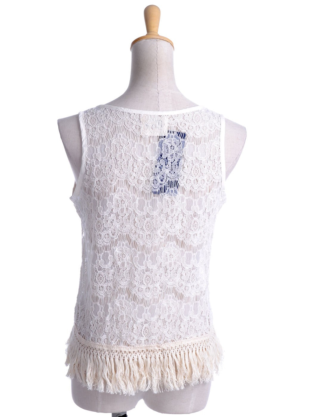 S/M Fit Beige Floral Knit Net Lace Soft Fringe Trim High Low Hem Top
