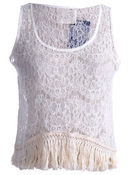 S/M Fit Beige Floral Knit Net Lace Soft Fringe Trim High Low Hem Top