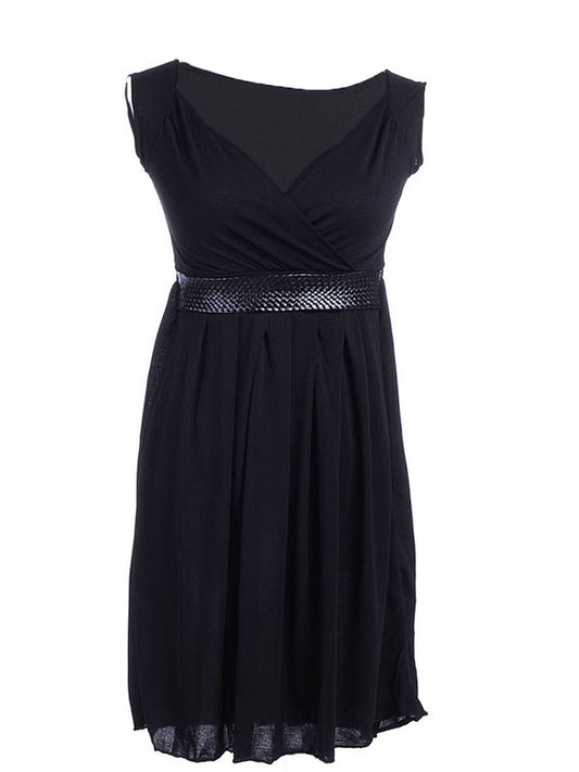 Black Drape Wrap Front Bodice Faux Snake Skin Belted Dress