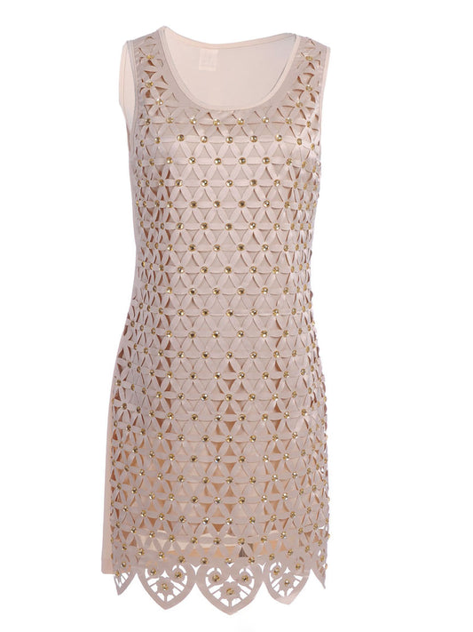 Bead Embellished Basket Weave Pointed Hem Shift Dress