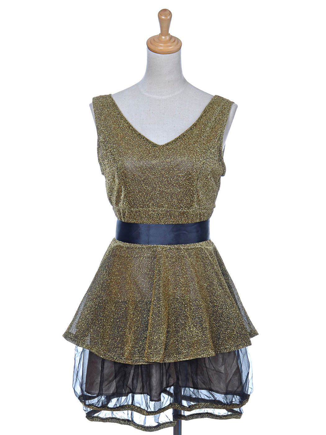 Womens Gold Glitter Tulle Flared Waist Tie V Neck Sleeveless Dress