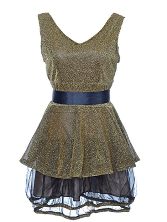 Womens Gold Glitter Tulle Flared Waist Tie V Neck Sleeveless Dress