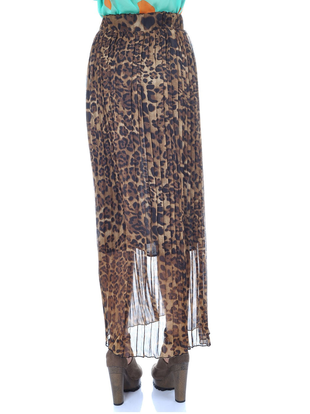 Brown Leopard Print Cute Pleated Semi Sheer Chiffon Maxi Skirt