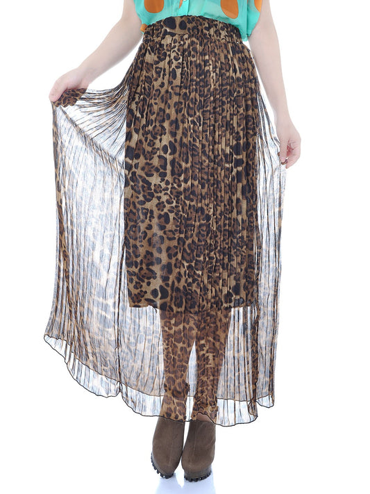 Brown Leopard Print Cute Pleated Semi Sheer Chiffon Maxi Skirt