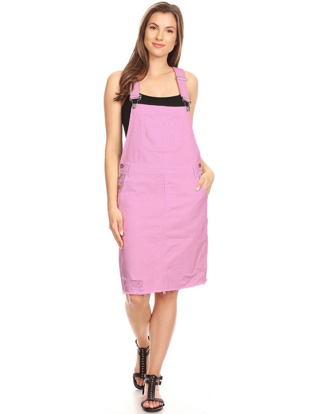 knee length dresses for ladies Anna-Kaci Distressed Denim Overall Midi Dress - Pink