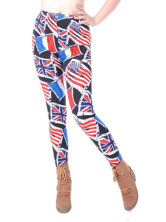 Red White Blue Patriotic Flags Pattern Sketch Design Legging