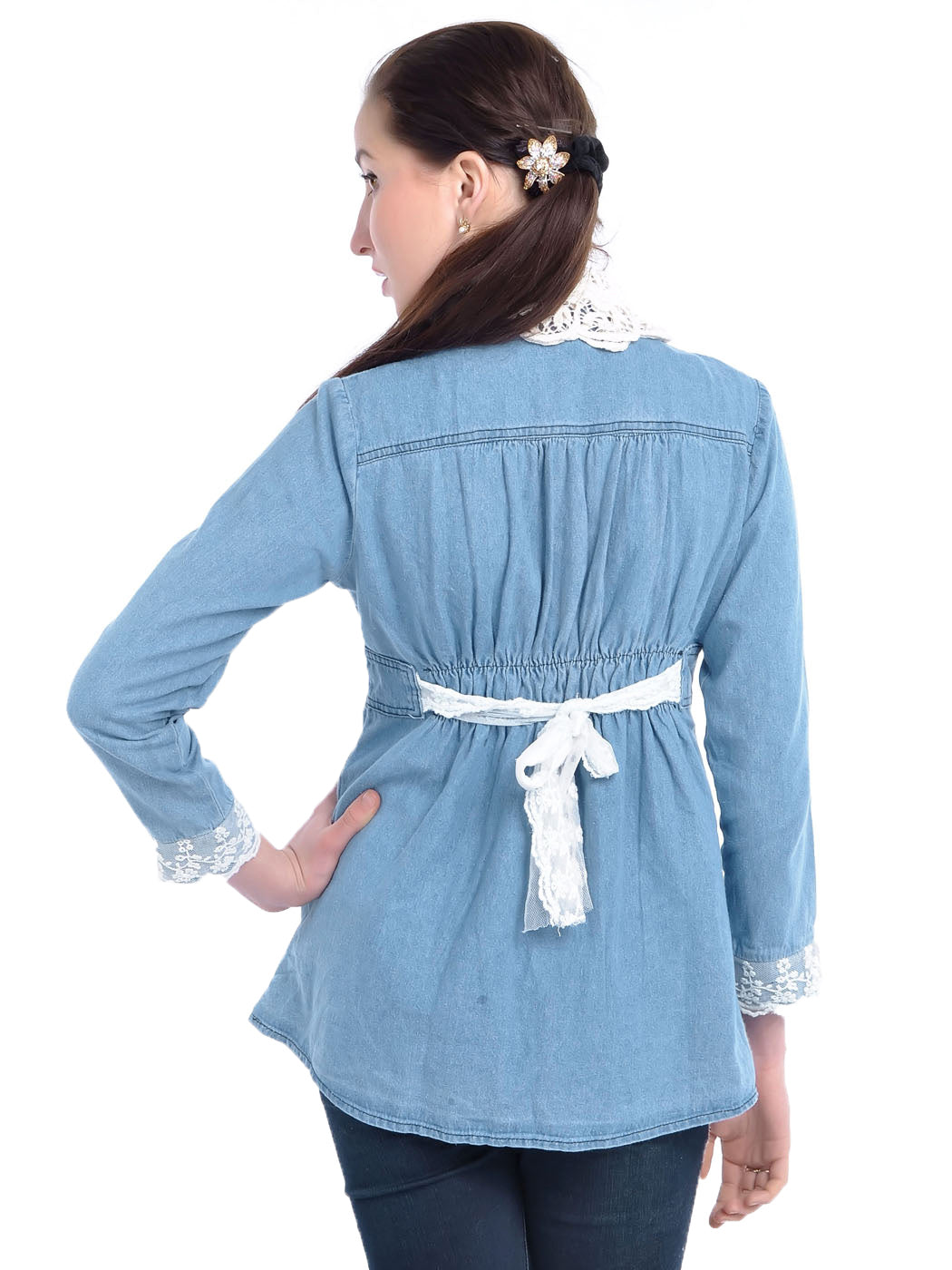 Blue Crochet Collar and Lace Overlay Cuffs Button Front Blouse