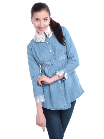 Blue Crochet Collar and Lace Overlay Cuffs Button Front Blouse