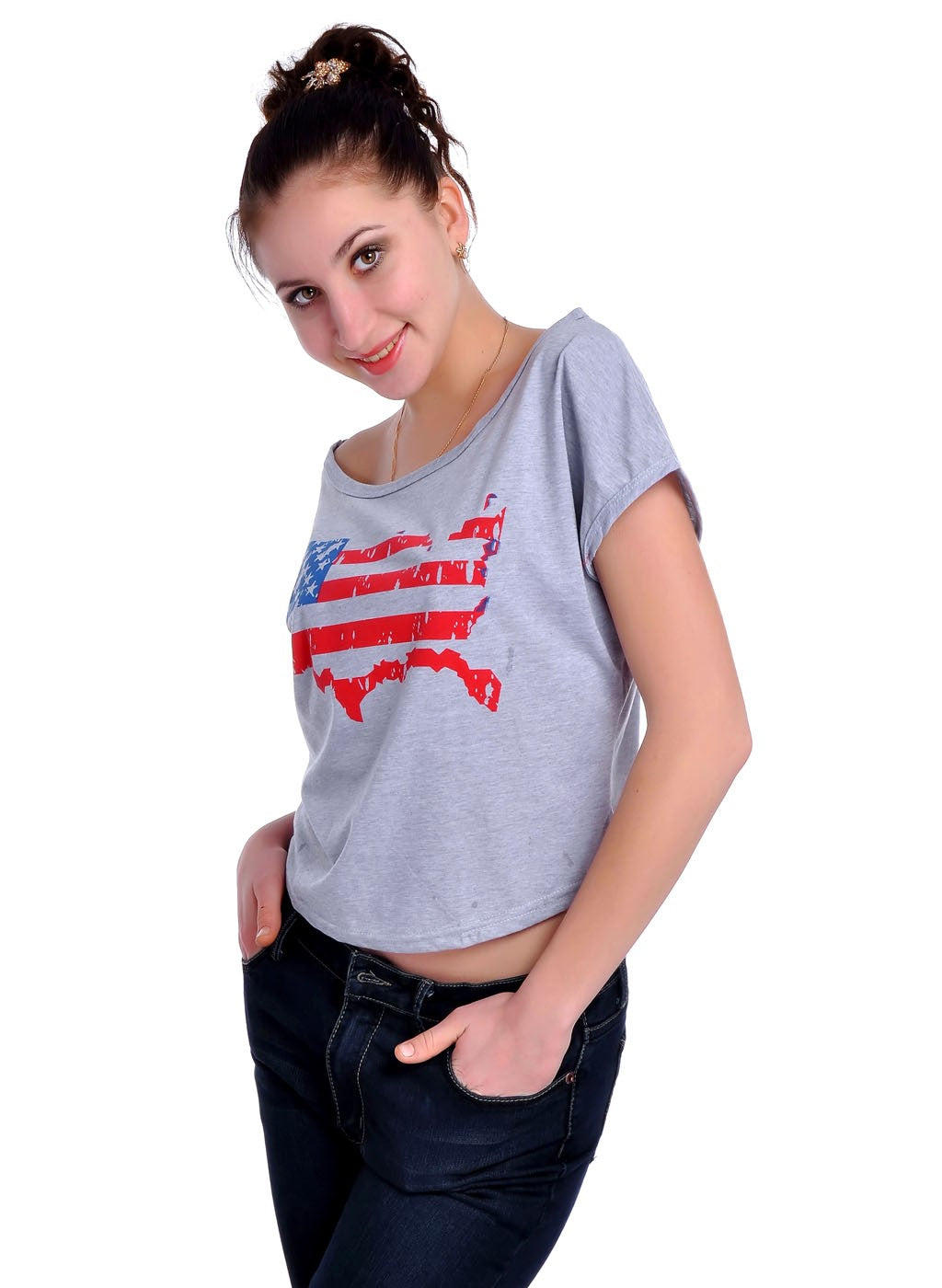 Grey United States of America Shaped Print Flag Colors T-Shirt