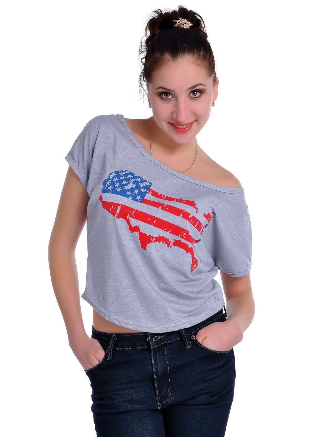 Grey United States of America Shaped Print Flag Colors T-Shirt