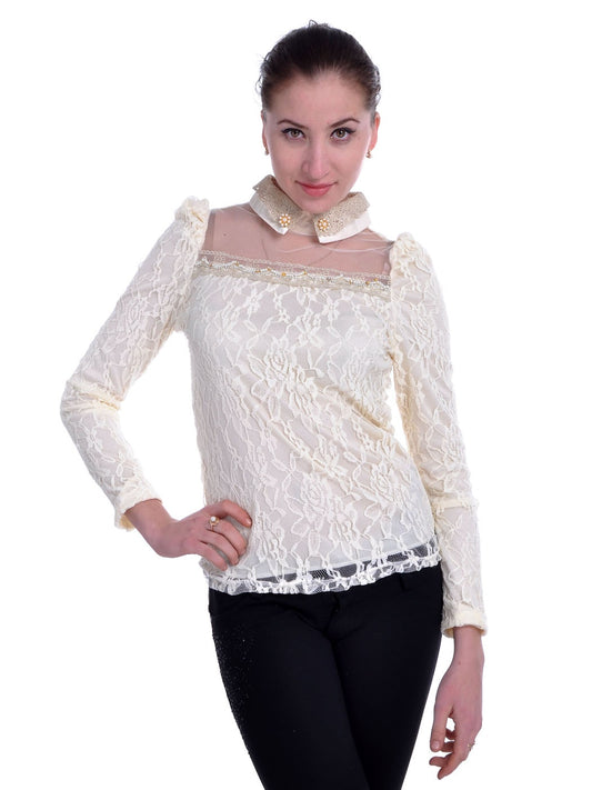Beige Princess Folded Collar Sheer Yoke Top