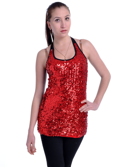 Anna-Kaci Womens S/M Fit Stretchy Front Confetti Sequins Halter Vest Tank Top
