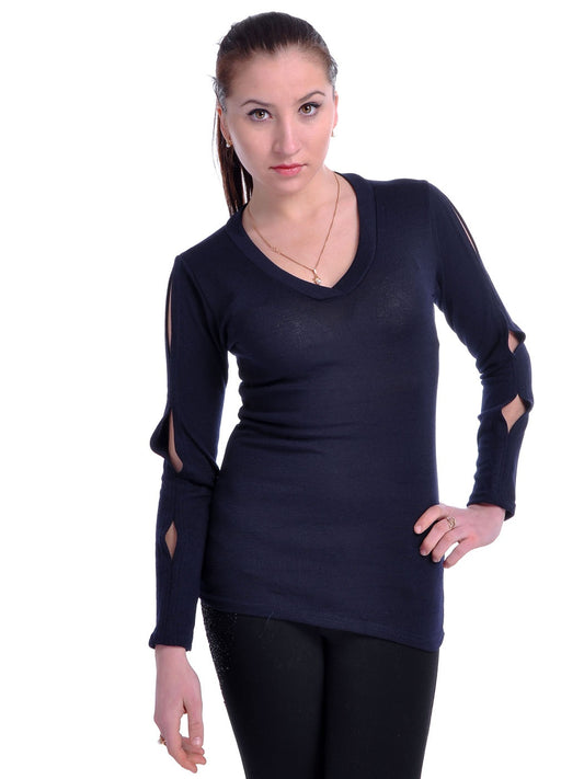 Dark Navy Blue Vertical Triple Slash Open Sleeves Pullover Top