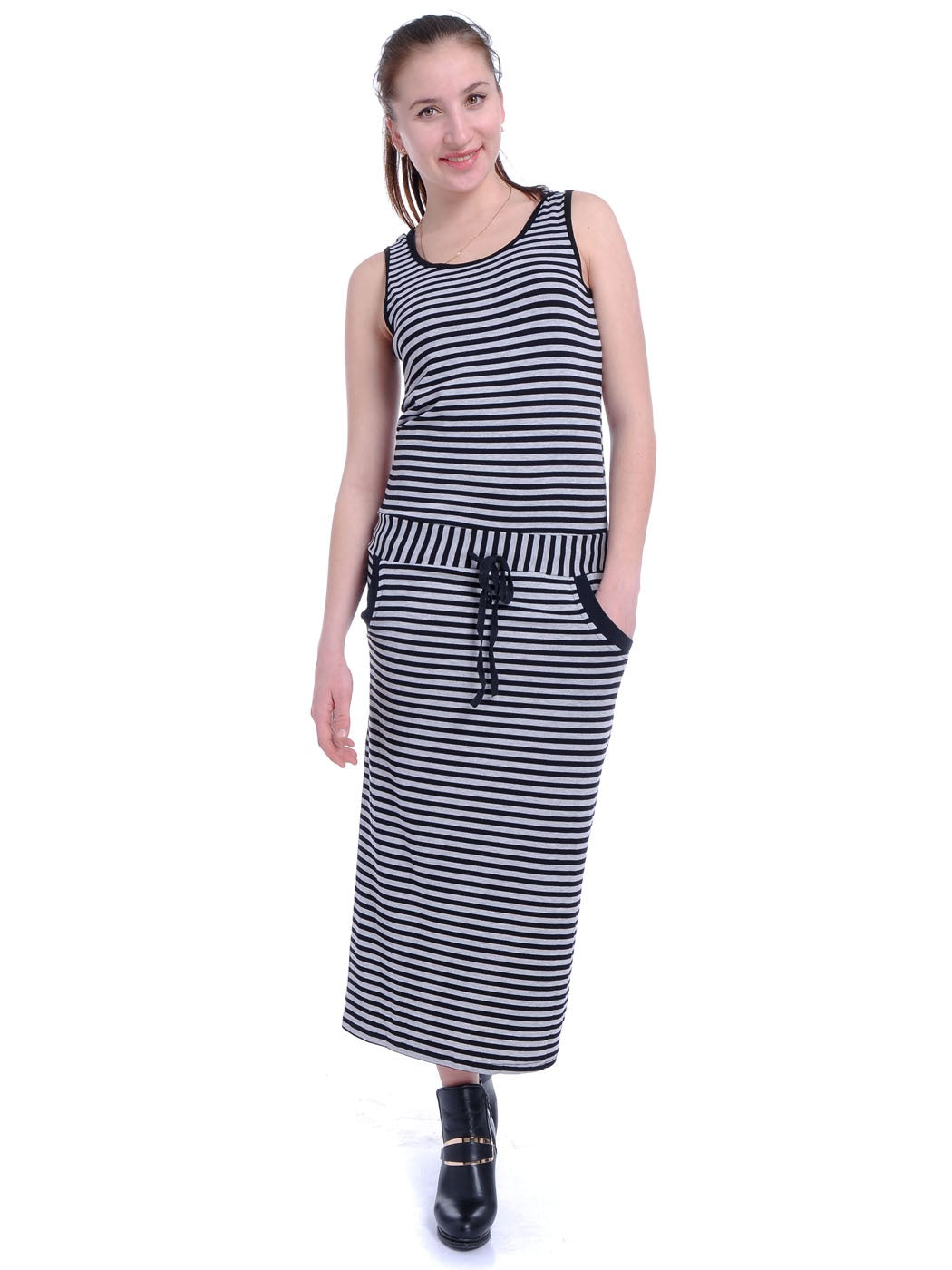Black and White Stripes Drop Tie Waist Tank Style Maxi Dress