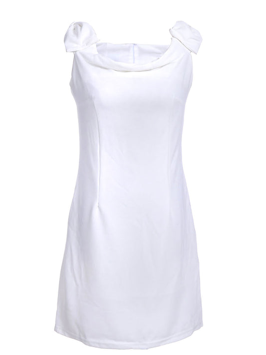 Large Bow Shoulder Trim Rolled Neckline Shift Dress