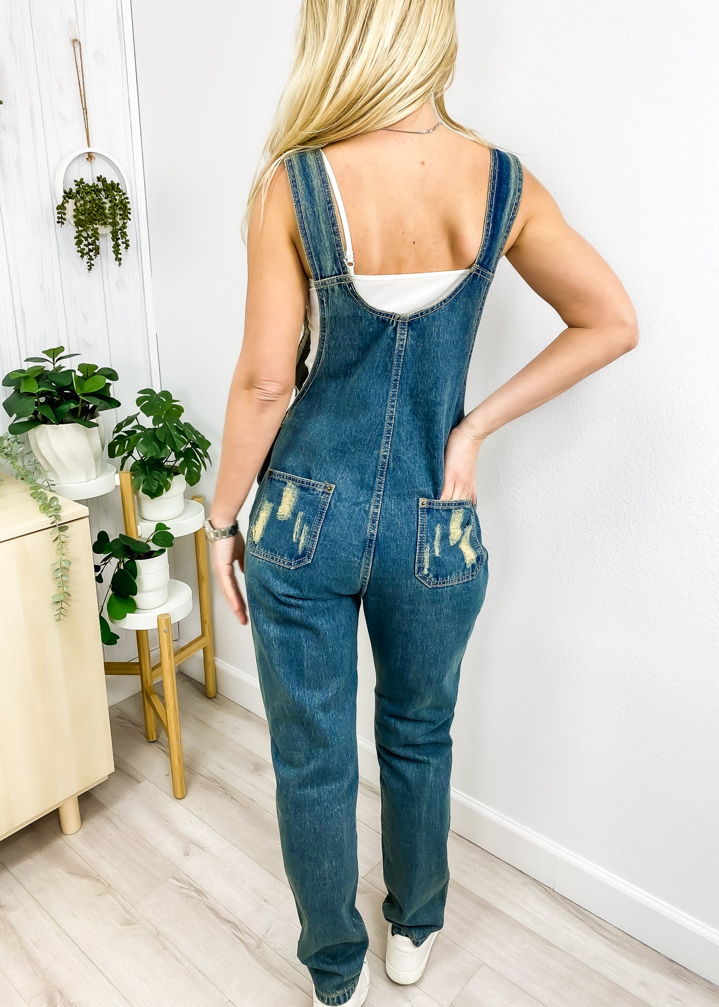 Anna-Kaci Womens Blue Denim Distressed Raw Scratch Style Tapered Leg Overalls, Small, Blue