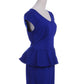 S/M Fit Blue Cap Sleeve Pleated Peplum Point Banded Waist V Neck Dress