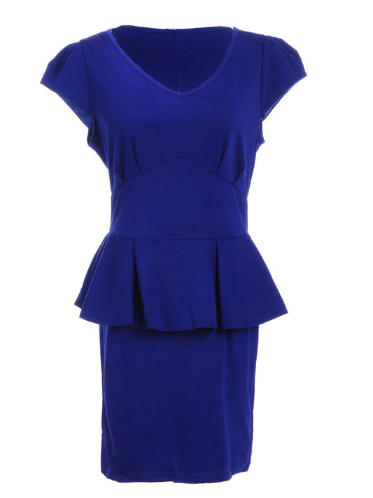 S/M Fit Blue Cap Sleeve Pleated Peplum Point Banded Waist V Neck Dress