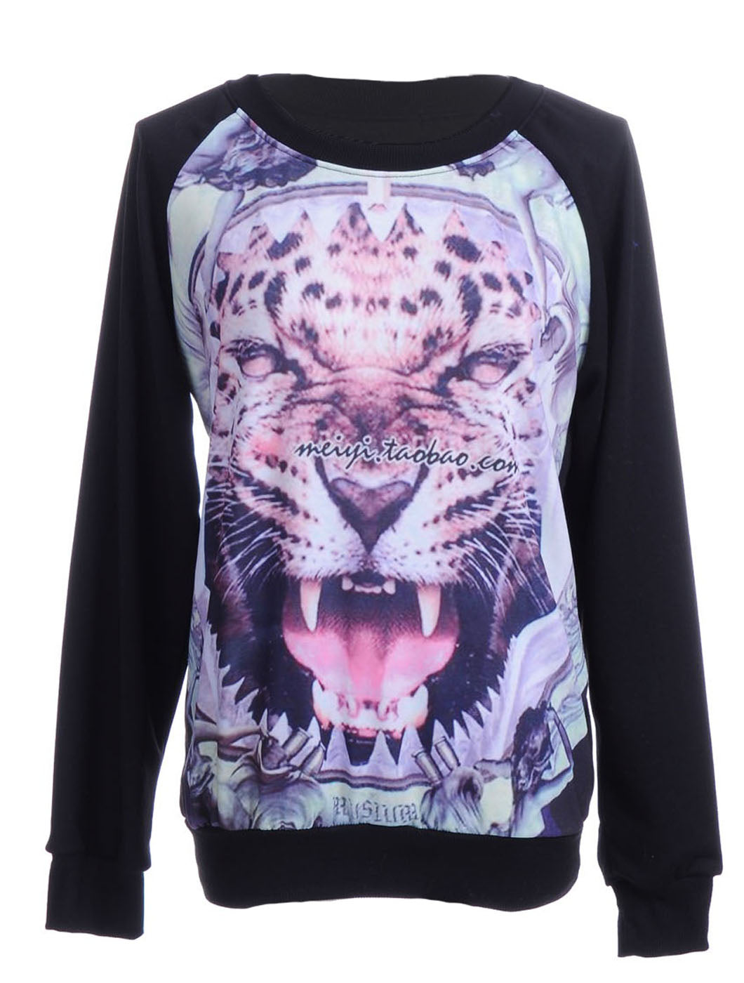 S/M Fit Black Fierce Tiger Hear It Roar Front Print Pullover Sweater