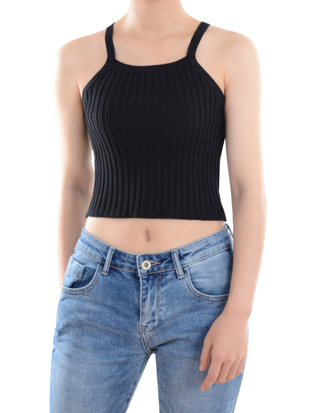 Anna-Kaci Slim Non-Restrictive Stretch Spaghetti Strap Ribbed Knit Crop Tank Top