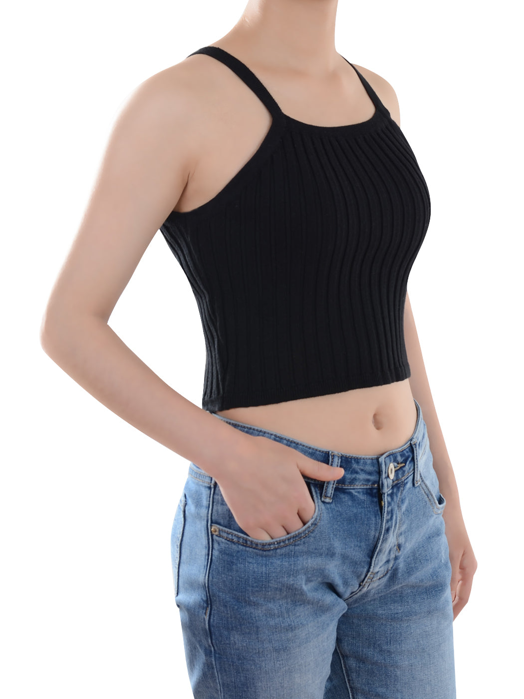 Anna-Kaci Slim Non-Restrictive Stretch Spaghetti Strap Ribbed Knit Crop Tank Top