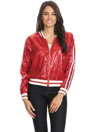 Striped Metallic Sequin Varsity Jacket