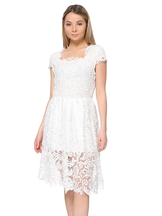 White Lace Crochet Cap Sleeve Sheath Dress