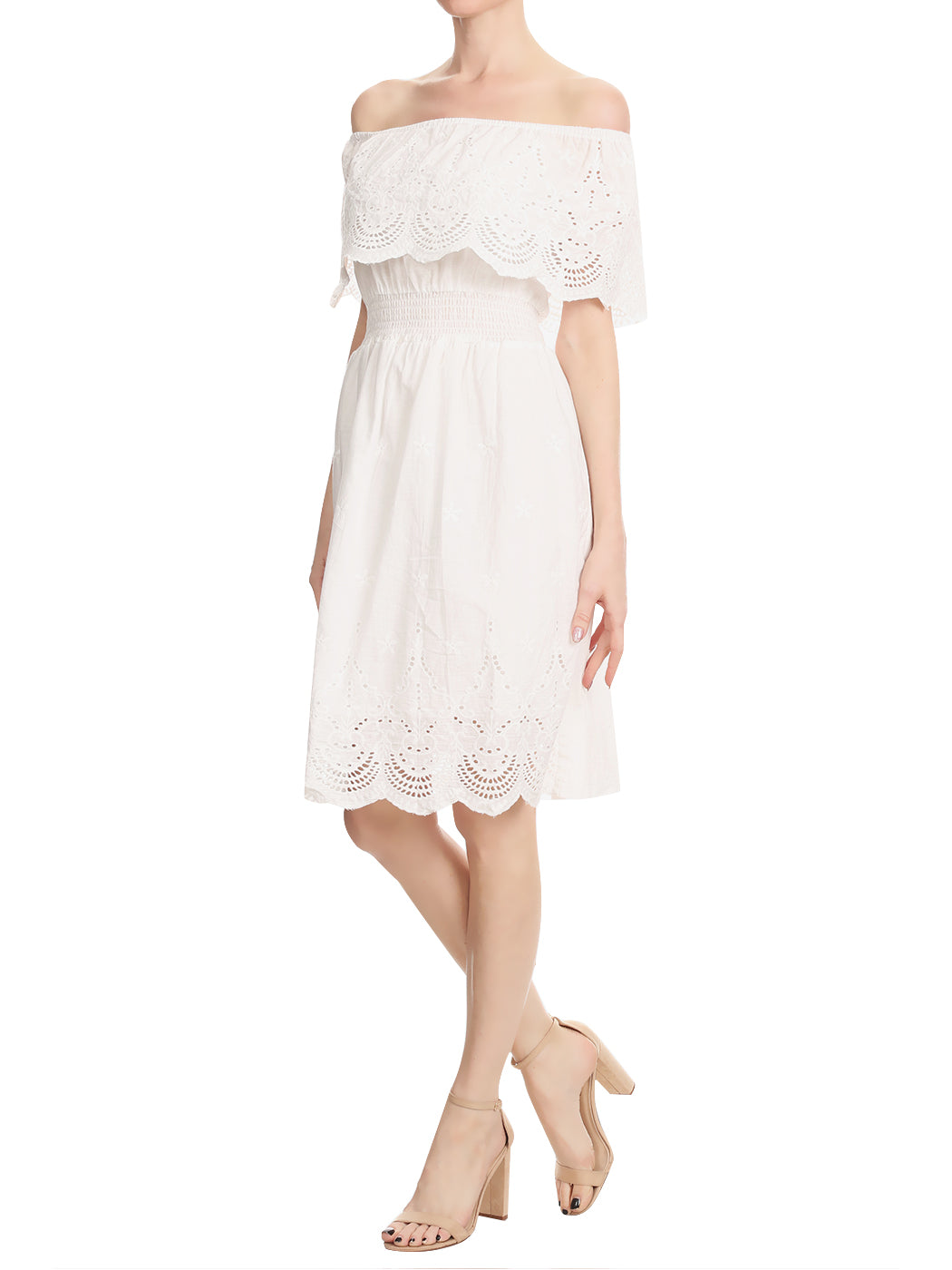 Womens Casual Cotton Off Shoulder Ruffle Short Summer Sun Dress, White, Small