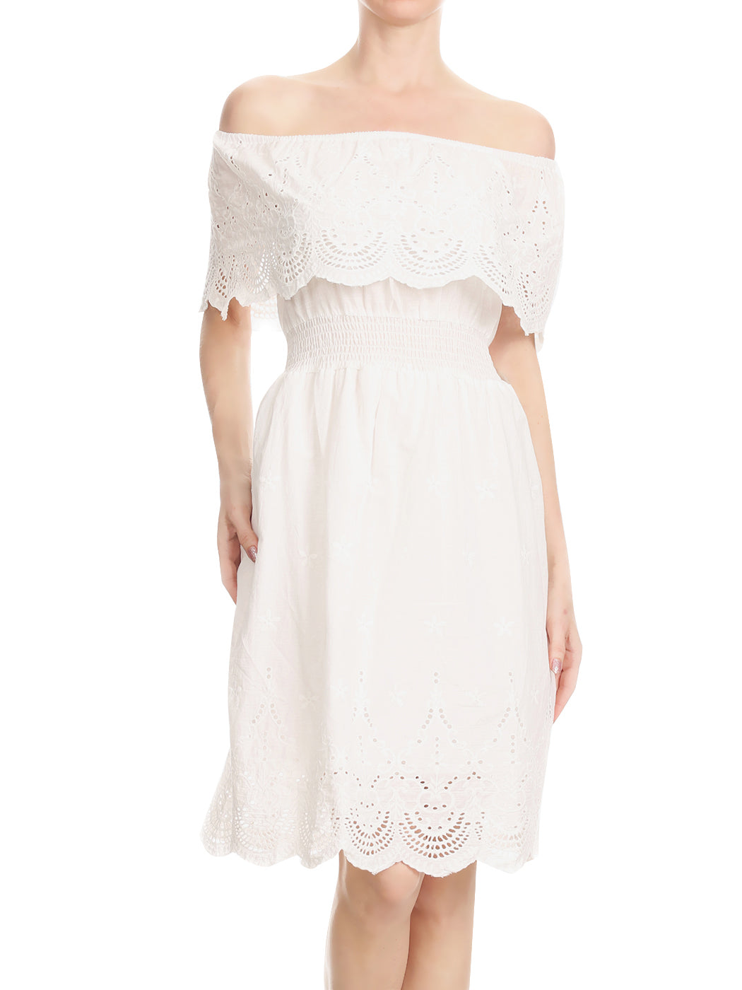 Womens Casual Cotton Off Shoulder Ruffle Short Summer Sun Dress, White, Small