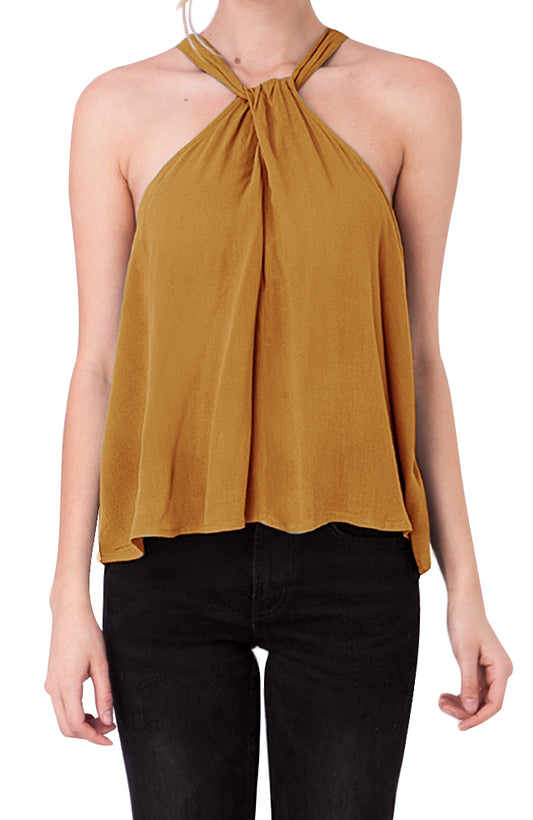 Womens Sleeveless Halter Neck Top with Twist and Buckle