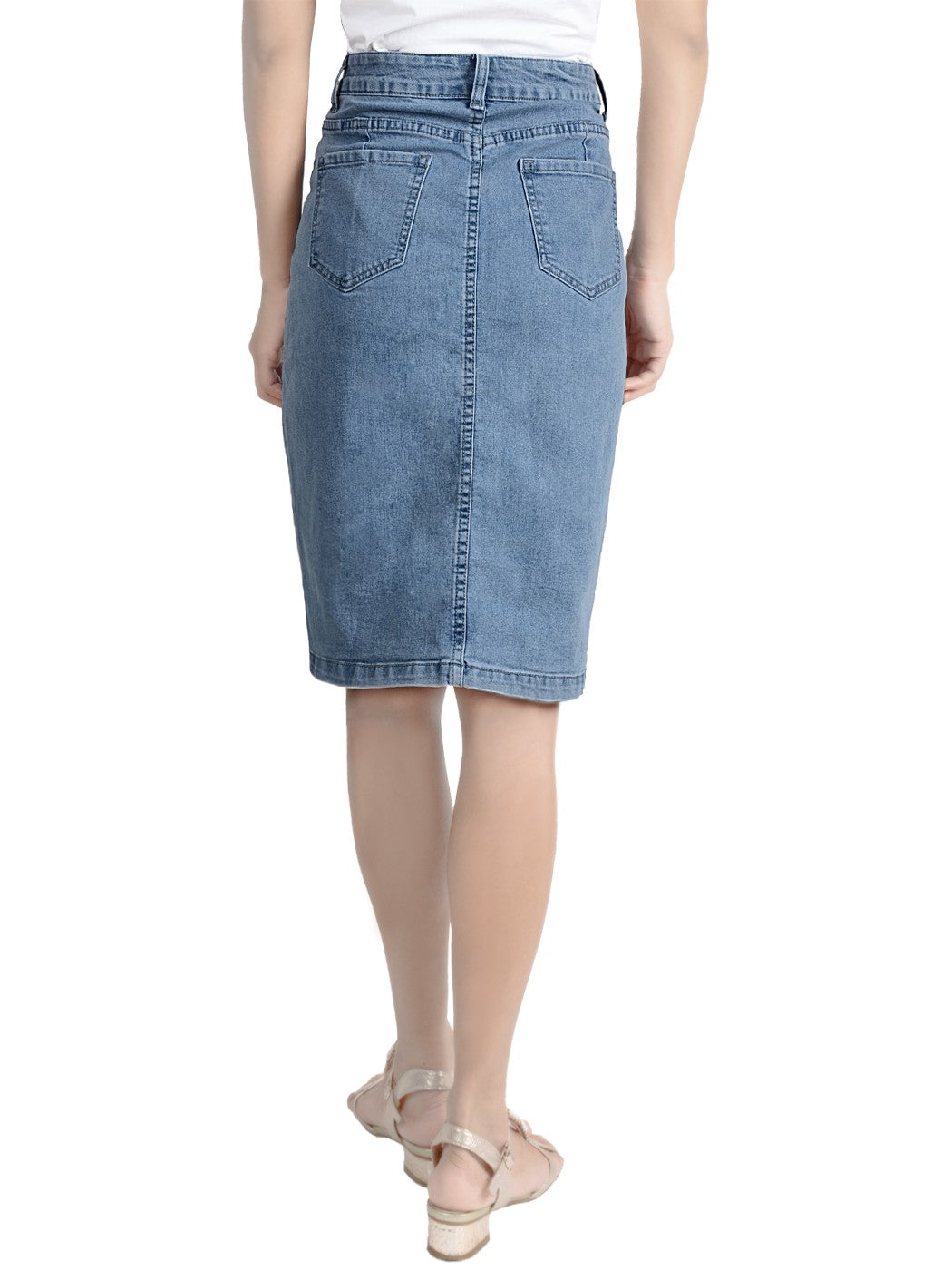 Women Comfy Soft Stretch Bodycon Blue Jean Pencil Midi Denim Skirt