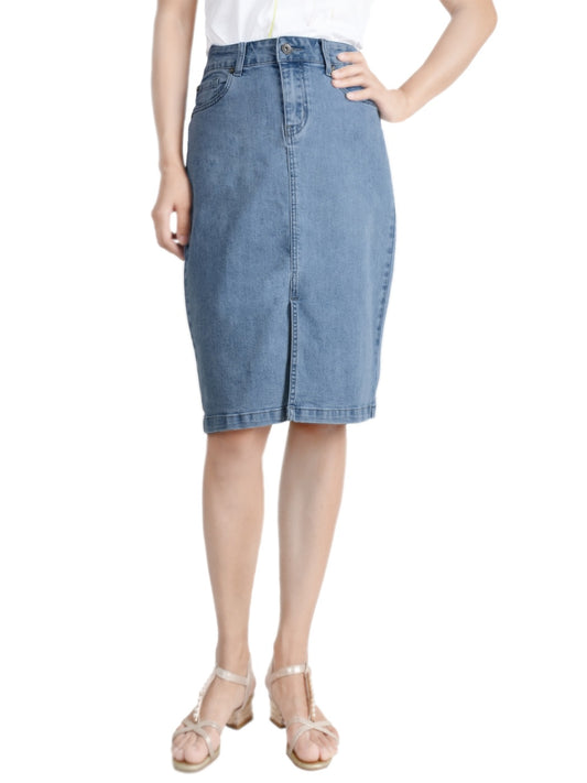 Women Comfy Soft Stretch Bodycon Blue Jean Pencil Midi Denim Skirt