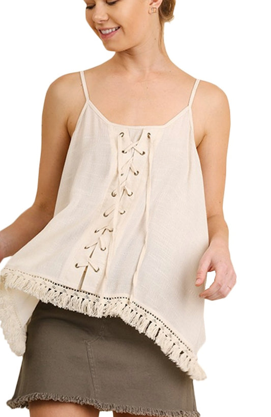 Womens Casual Drape Tassel Hem Sleeveless Bohemian Peasant Cami Top