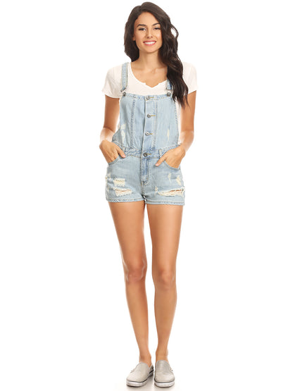 Juniors Laid-Back Chic Distressed Shortall Denim Overall Jean Shorts, Blue, X-Small