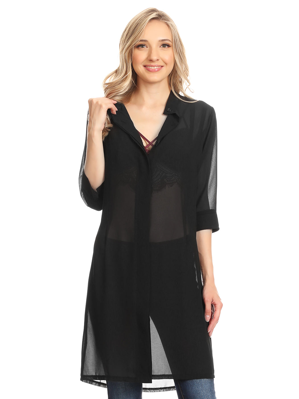Womens Black Sheer Chiffon Long Tunic Blouse Dress Shirt