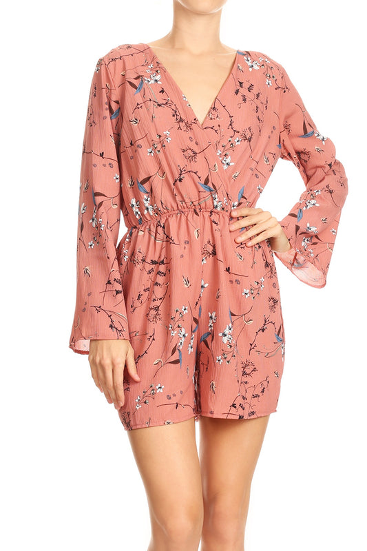 Womens Backless V-Neck Floral Short Sleeve Romper