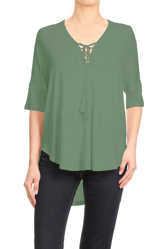 Womens Casual Lace Up V-Neck Loose Fit Top with Short Dolman Sleeves