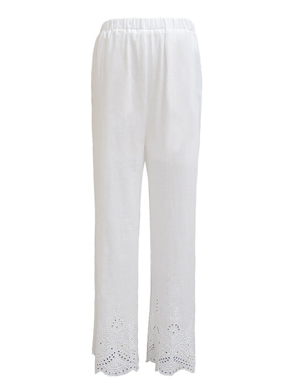 Womens Elastic Waist Loose Fit Casual Cotton Straight Leg Lounge Pants, White, Small