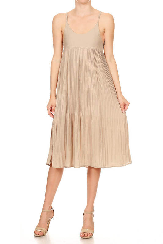 Womens Juniors Sleeveless Spaghetti Strap Pleated Midi Cocktail Dress