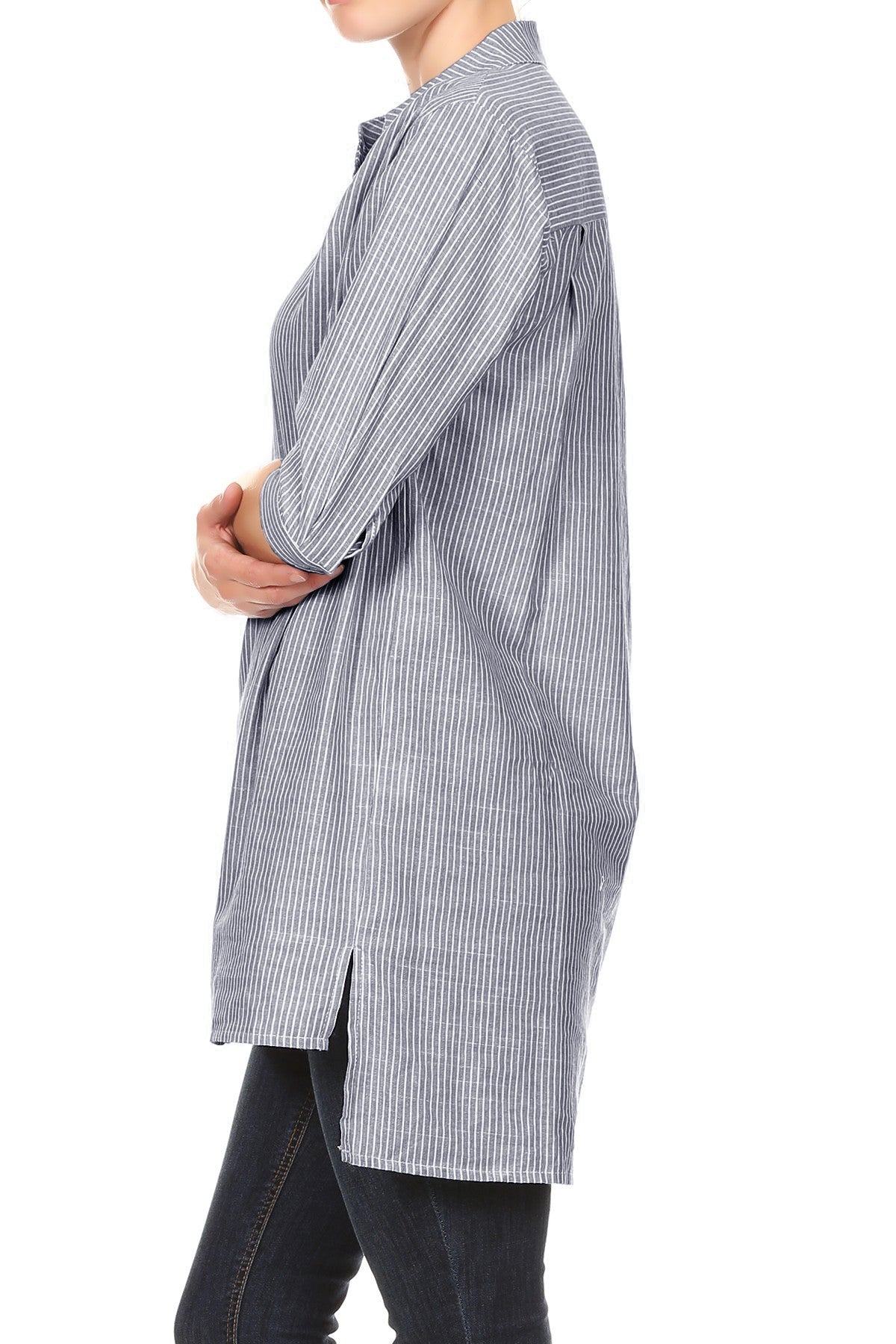 Womens Casual Woven Chambray Half Button up Long Stripe Shirt