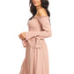 Womens Smocked Bodice Long Sleeve Off Shoulder Knee Length Tunic Dress, Pink, Small