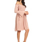 Womens Smocked Bodice Long Sleeve Off Shoulder Knee Length Tunic Dress, Pink, Small