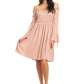 Womens Smocked Bodice Long Sleeve Off Shoulder Knee Length Tunic Dress, Pink, Small
